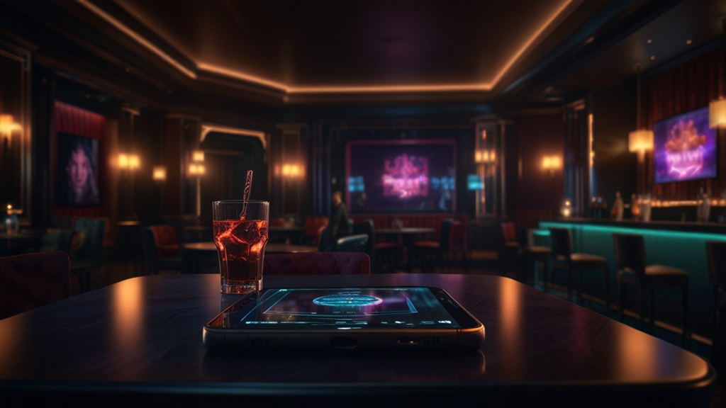 Telefon cu descărcarea aplicației Nnv Casino într-un decor de cazino întunecat